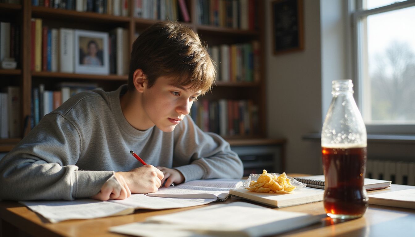 A focused student studies at a cluttered desk in a cozy environment.