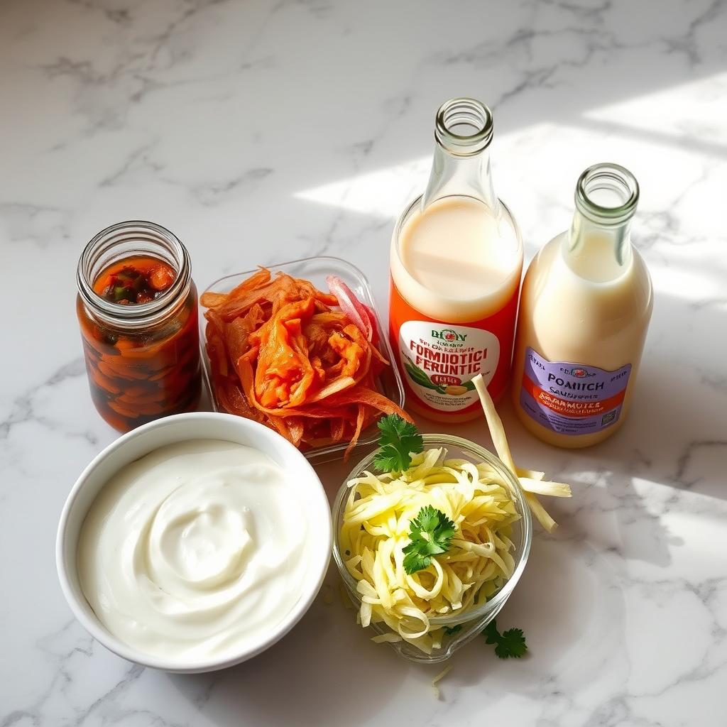 Assortment of probiotic-rich fermented foods including yogurt, kimchi, and sauerkraut