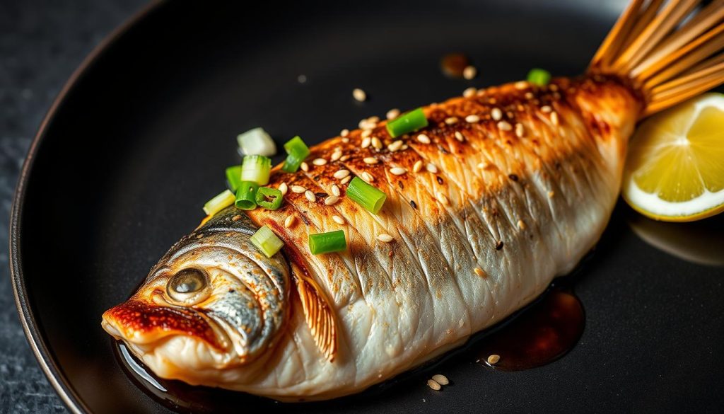 Barramundi fillet with Asian-inspired garnishes and sauce Barramundi fillet with Asian-inspired garnishes and sauce