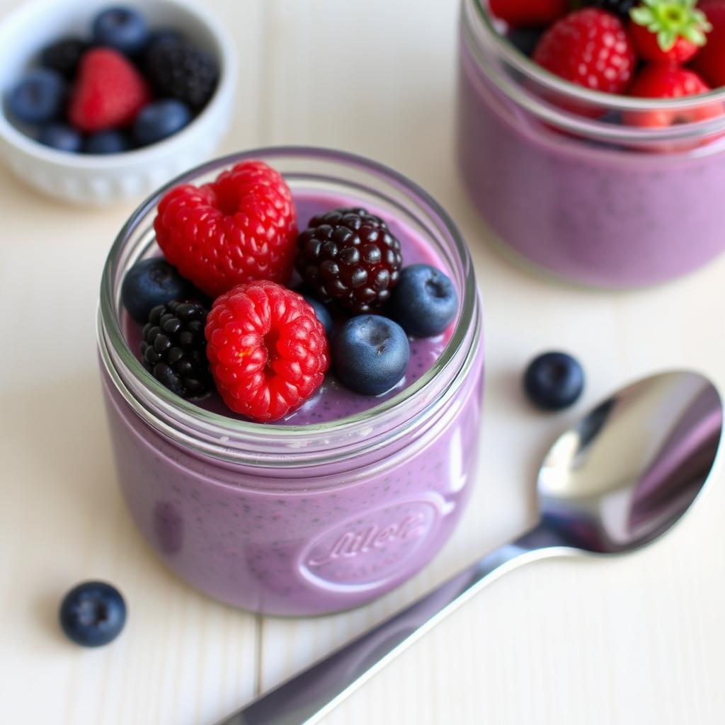 Berry chia pudding in a glass jar topped with fresh berries