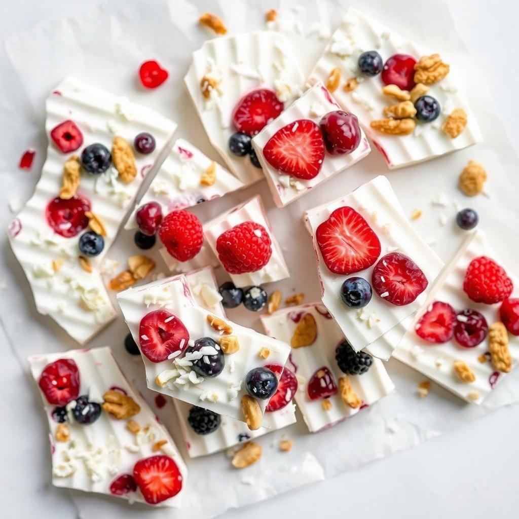 Broken pieces of coconut yogurt bark with berries and nuts