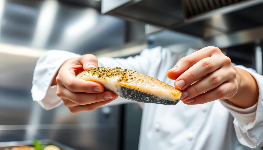 Chef preparing fish in a professional kitchen Chef preparing fish in a professional kitchen