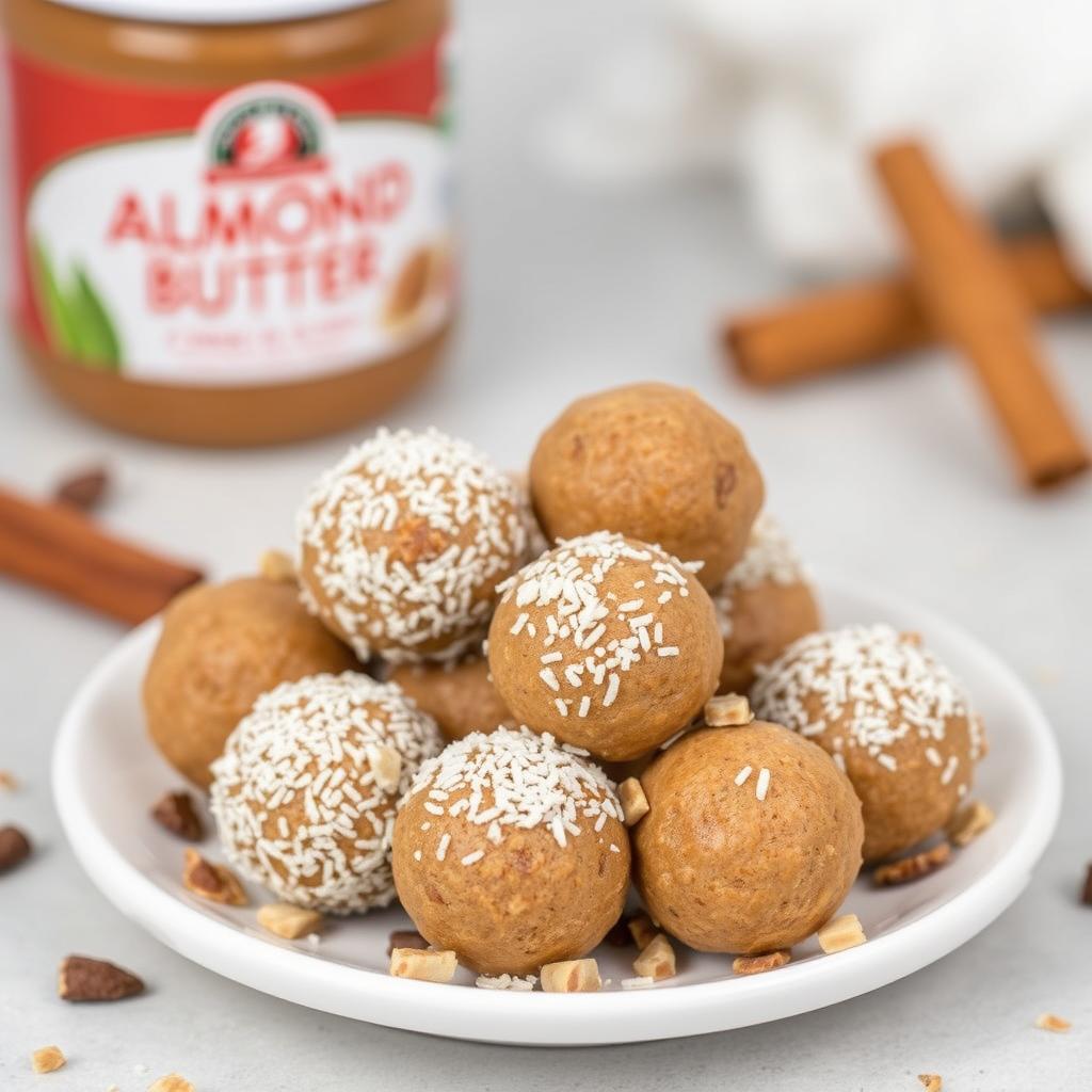 Cinnamon almond butter energy balls arranged on a small plate