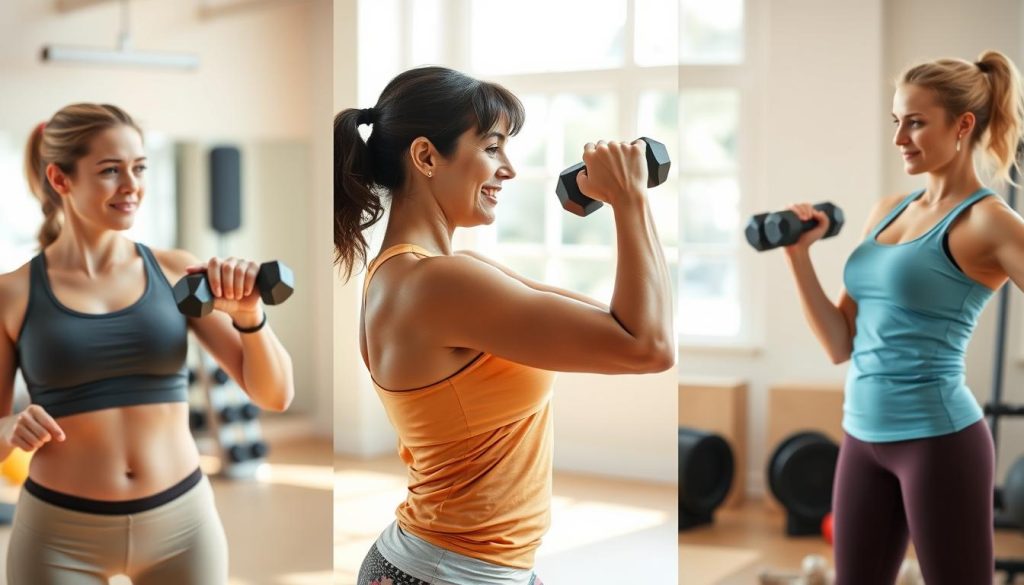 Comparison of women with different body types performing strength training, showing that weights don't cause bulking Comparison of women with different body types performing strength training, showing that weights don't cause bulking