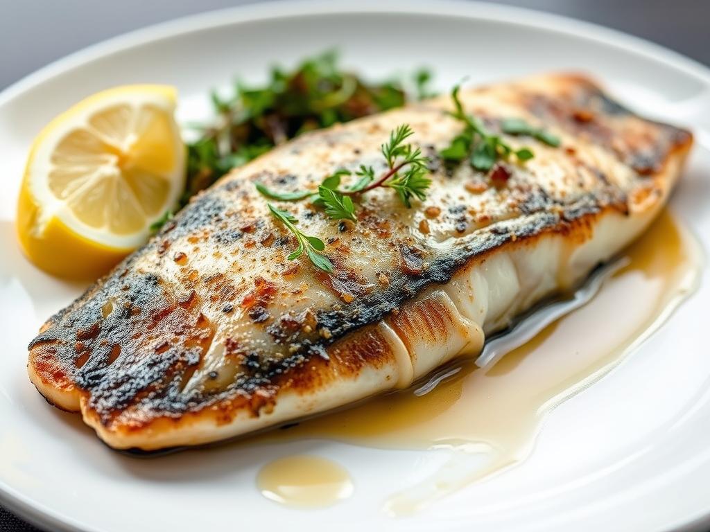Cooked arctic char fillet with crispy skin and herb garnish Cooked arctic char fillet with crispy skin and herb garnish