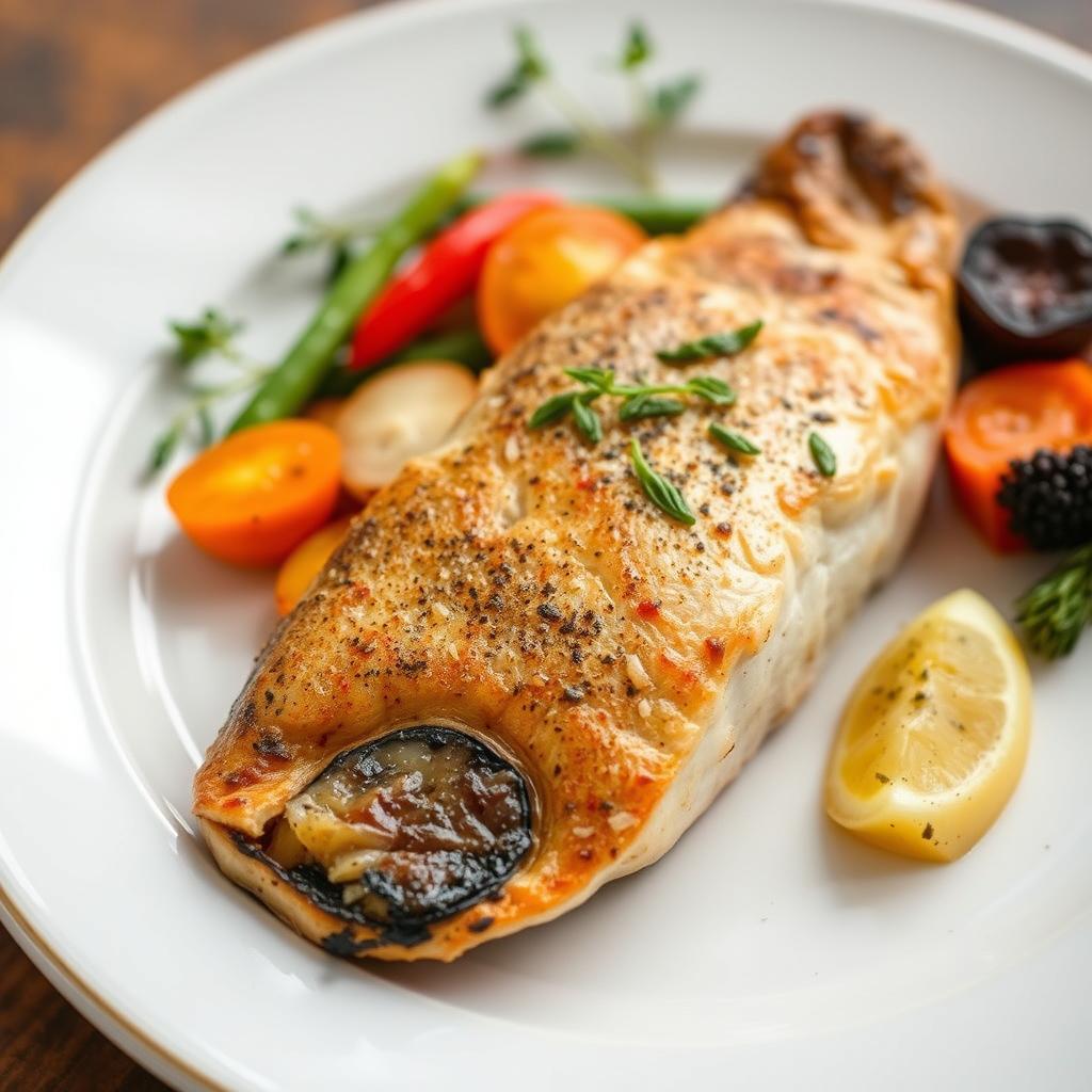 Cooked trout fillet with vegetables Cooked trout fillet with vegetables