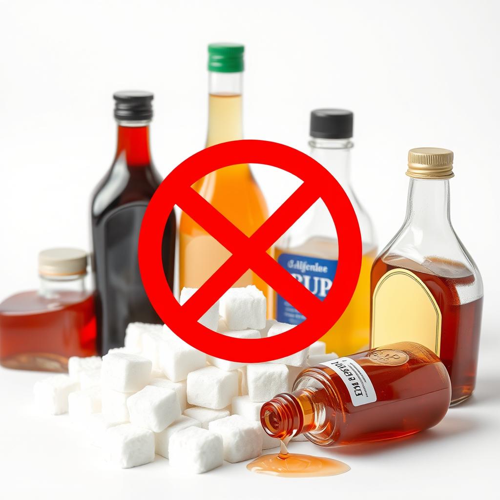 Crossed-out sugar cubes and syrup bottles representing elimination of added sugars