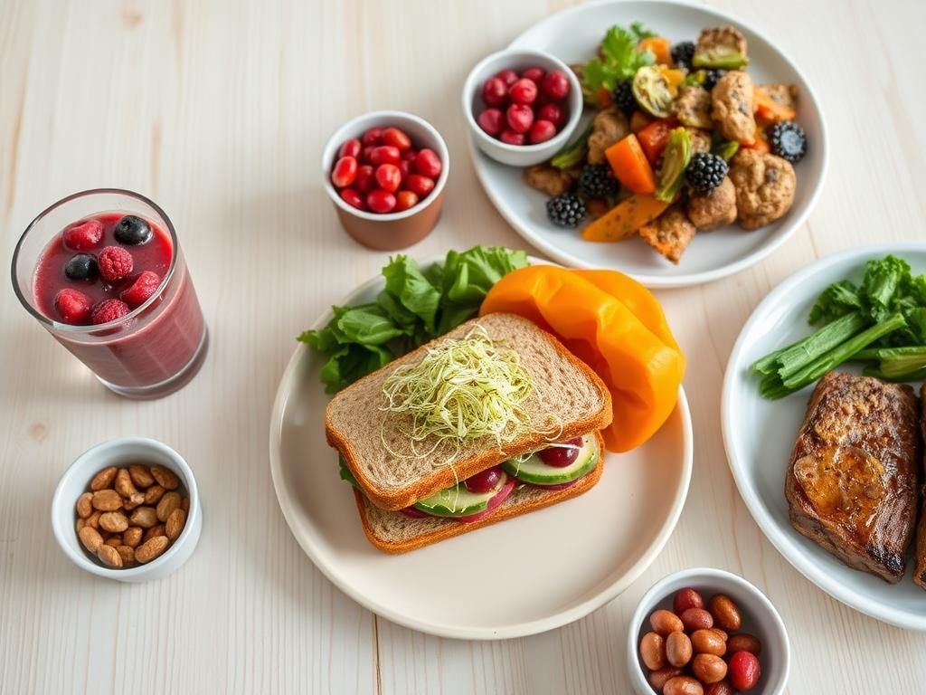 Day 1 of no-sugar meal plan, meal spread featuring berry smoothie, veggie sandwich, and tempeh dinner