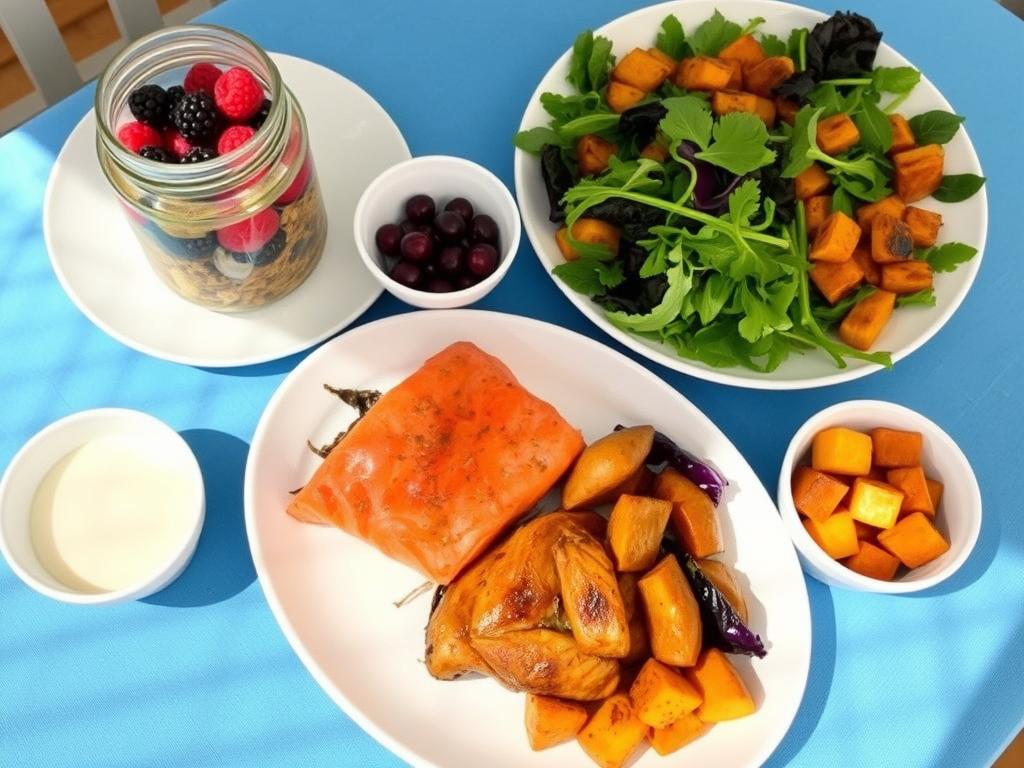 Day 2 of no-sugar meal plan meal spread featuring overnight muesli, salmon salad, and chicken with cabbage dinner