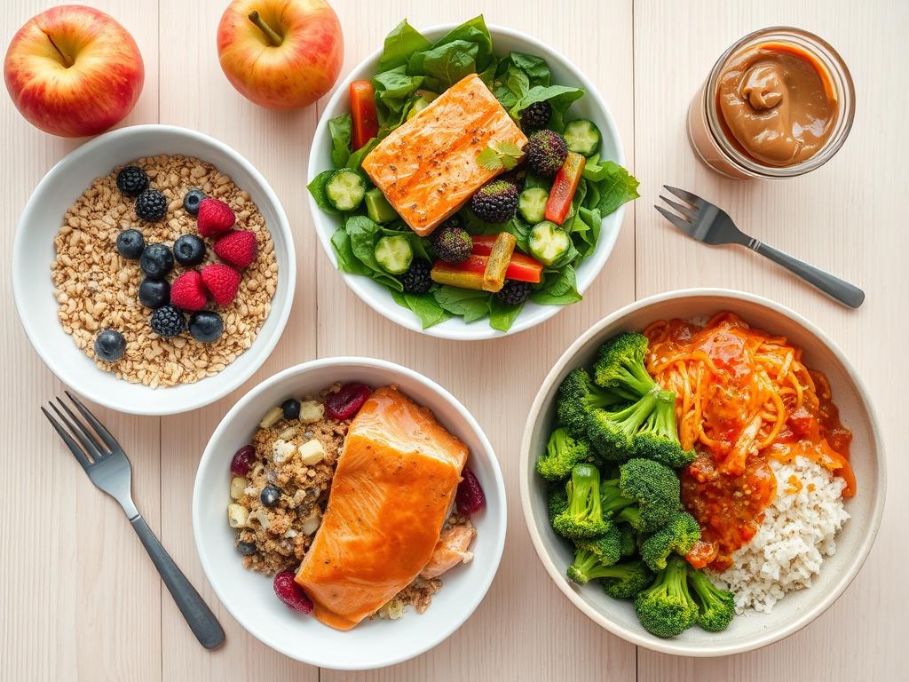 Day 3 of no-sugar meal plan, meal spread featuring berry muesli, salmon salad, and broccoli kimchi rice bowl