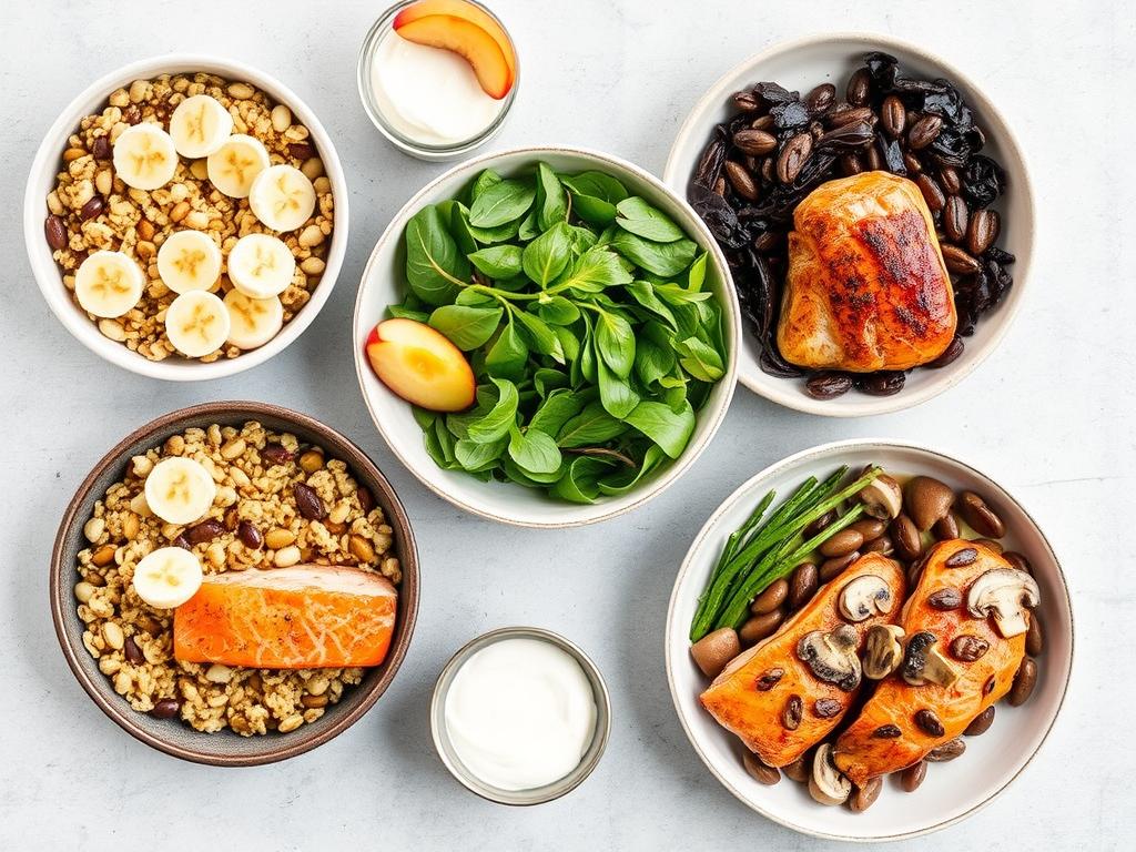Day 4 of no-sugar meal plan meal spread featuring muesli with banana, salmon salad, and chicken with white beans