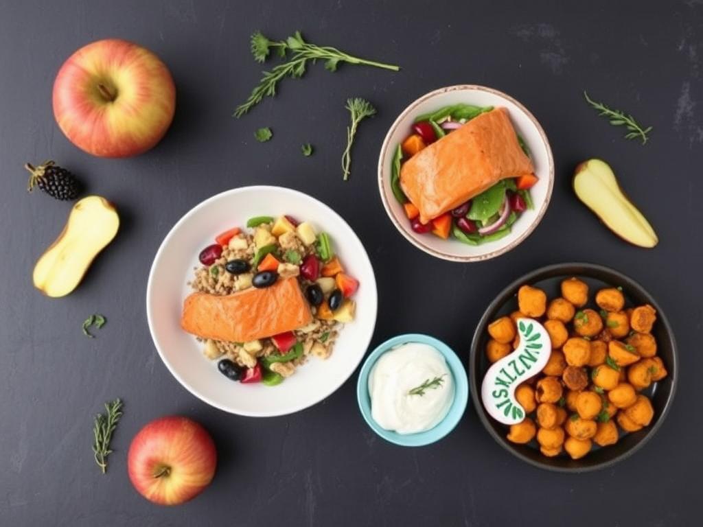 Day 5 of no-sugar meal plan meal spread featuring berry muesli, salmon salad, and spiced chickpea dinner