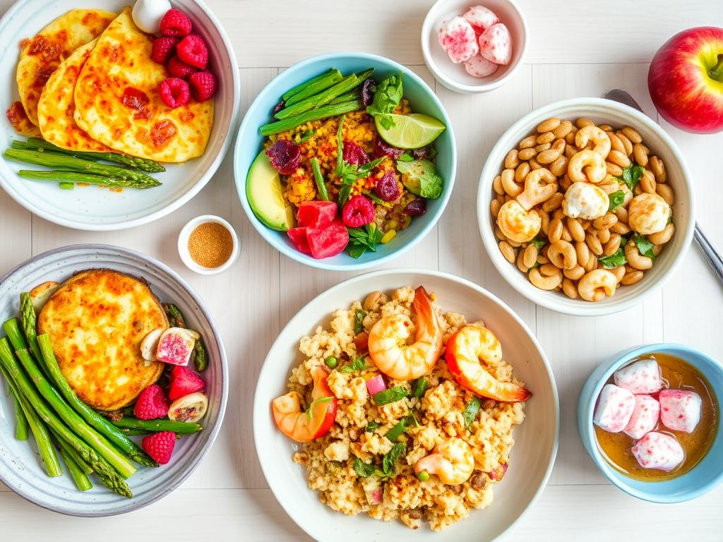 Day 6 of no-sugar meal plan meal spread featuring asparagus frittata, taco bowl, and shrimp cauliflower fried rice