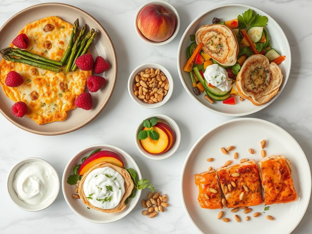 Day 7 of no-sugar meal plan meal spread featuring asparagus frittata, chicken pita sandwich, and roasted salmon dinner