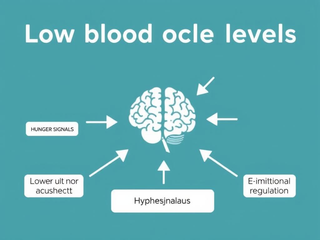 Diagram showing how low blood sugar affects brain function and mood, causing the 'hangry' feeling