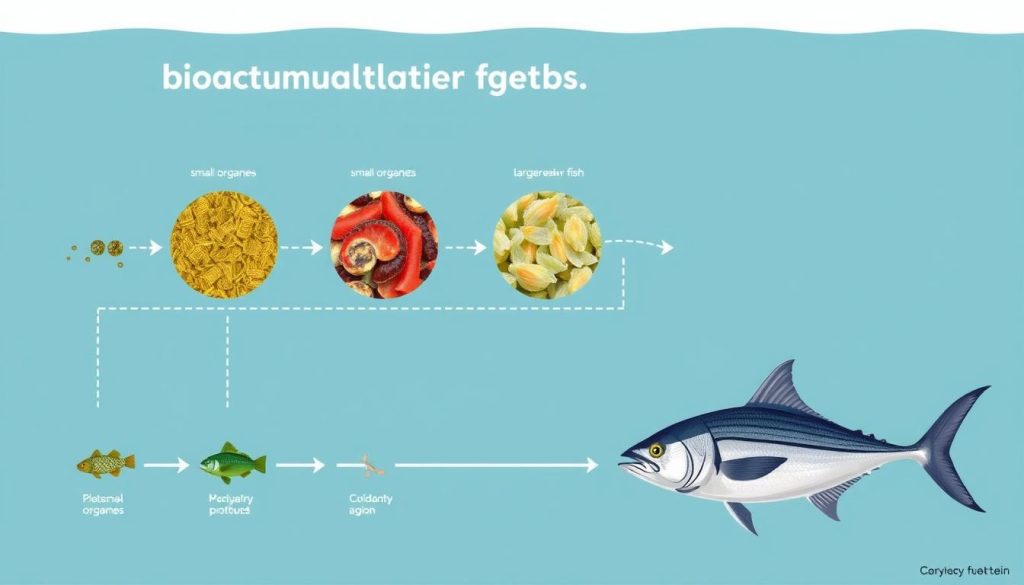 Diagram showing how mercury accumulates in the food chain leading to tuna Diagram showing how mercury accumulates in the food chain leading to tuna