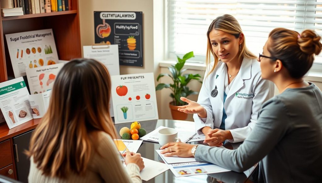 Dietitian explaining sugar craving management strategies to a client in a consultation setting