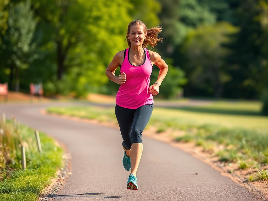 Female runner demonstrating improved running form after incorporating strength training into her routine Female runner demonstrating improved running form after incorporating strength training into her routine