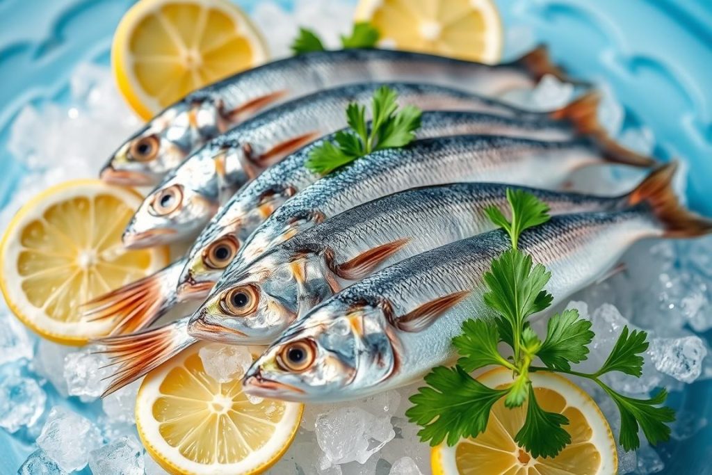 Fresh sardines on ice with lemon and herbs Fresh sardines on ice with lemon and herbs