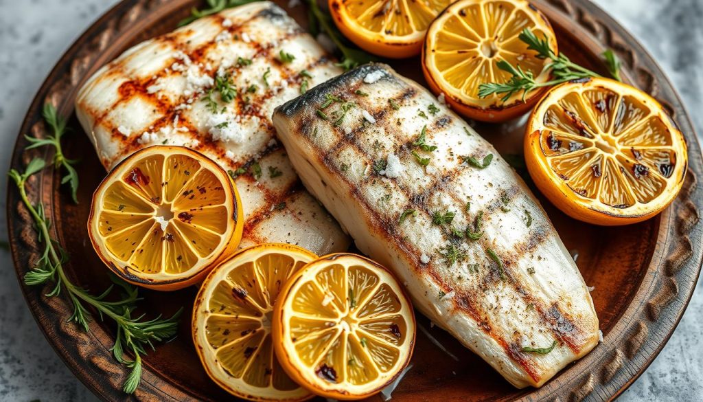 Grilled bluefish with lemon and herbs on a platter Grilled bluefish with lemon and herbs on a platter