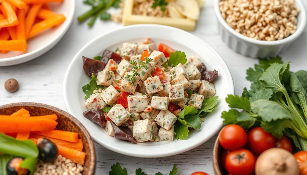 Healthy balanced meal with tuna salad and vegetables Healthy balanced meal with tuna salad and vegetables