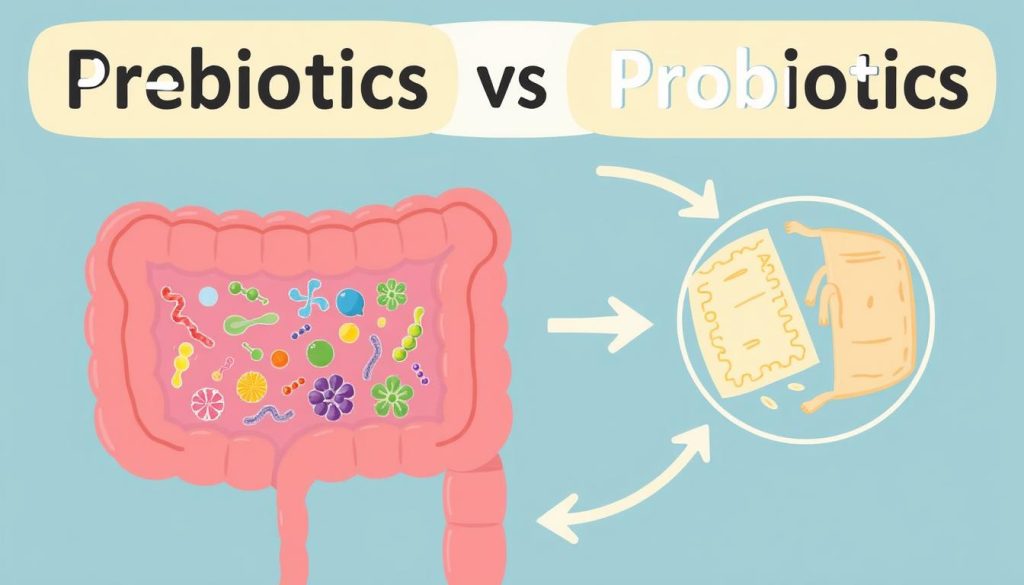 Illustration showing how prebiotics and probiotics work together in the digestive system