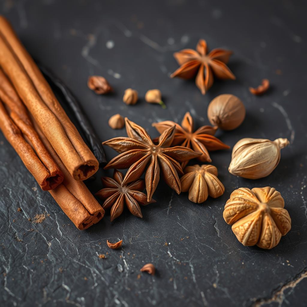 Natural flavor enhancers including cinnamon sticks, vanilla beans, and various spices