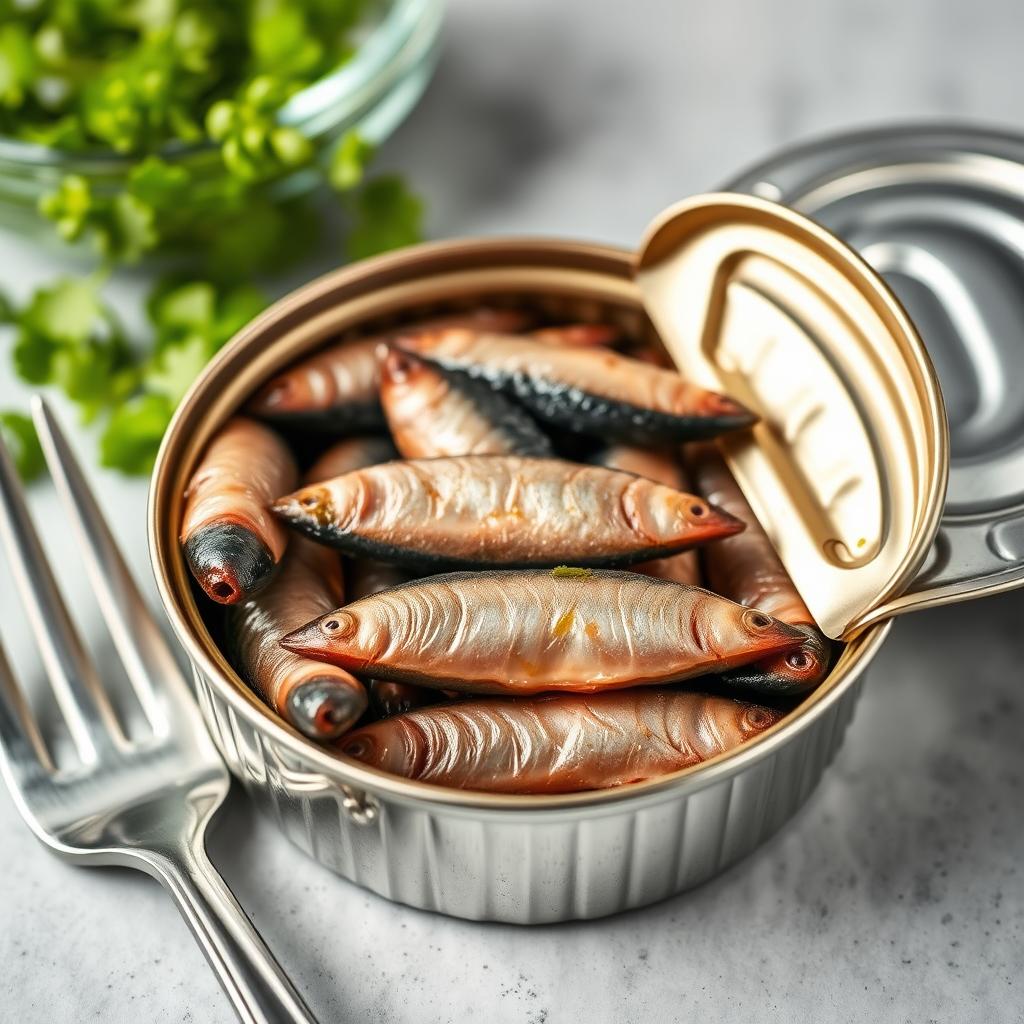 Open can of sardines showing the fish packed inside Open can of sardines showing the fish packed inside