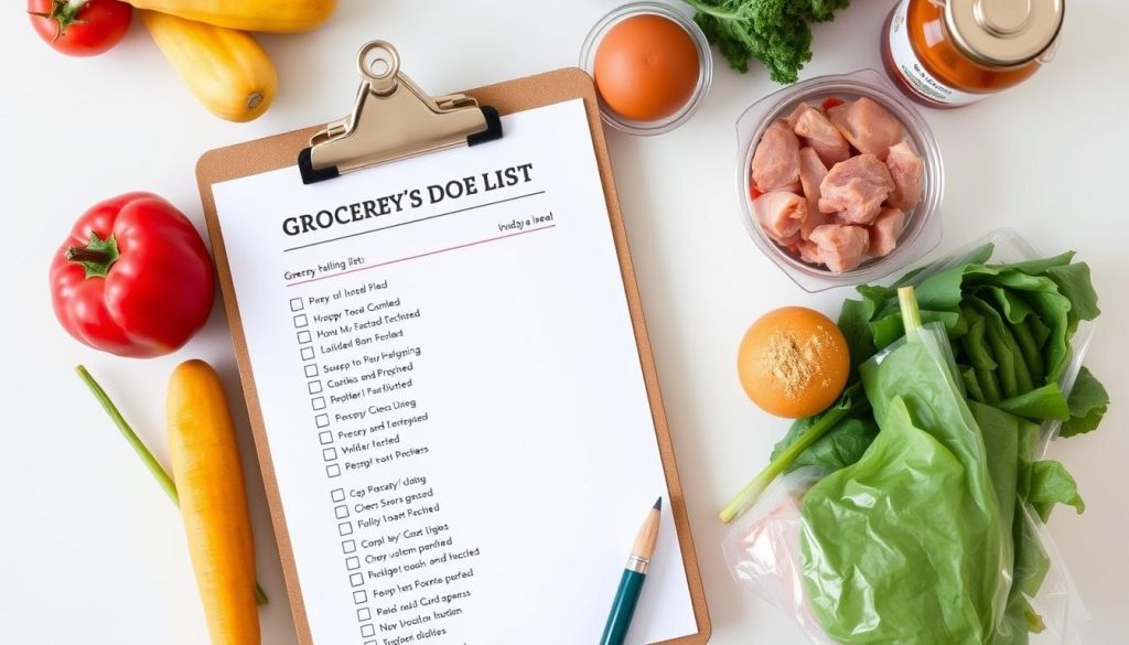 Organized grocery shopping list with fresh produce, proteins, and pantry items for the 7-day no-sugar meal plan