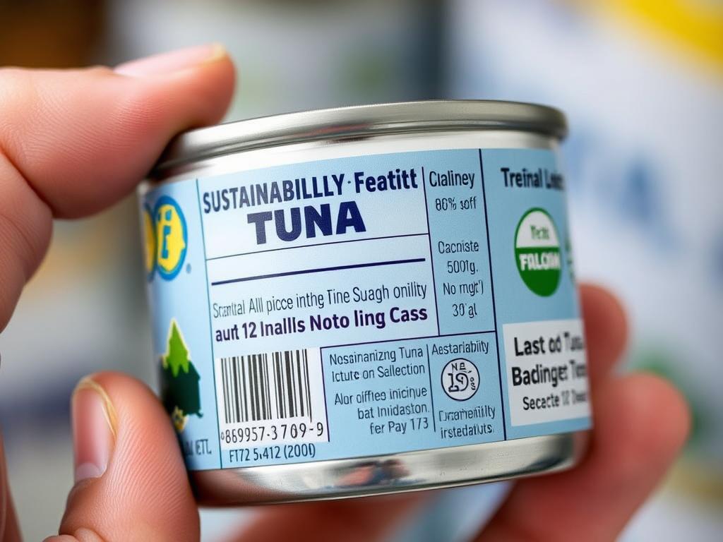 Person checking tuna can label for type and sustainability certifications Person checking tuna can label for type and sustainability certifications