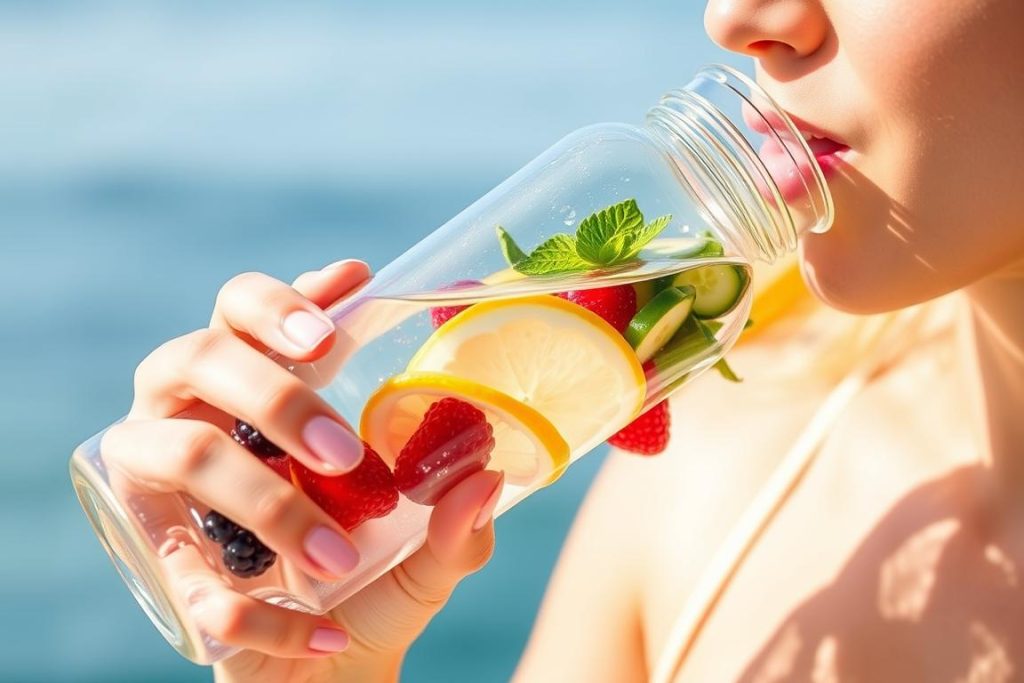 Person drinking water with infused fruits to stay hydrated and avoid mistaking thirst for hunger
