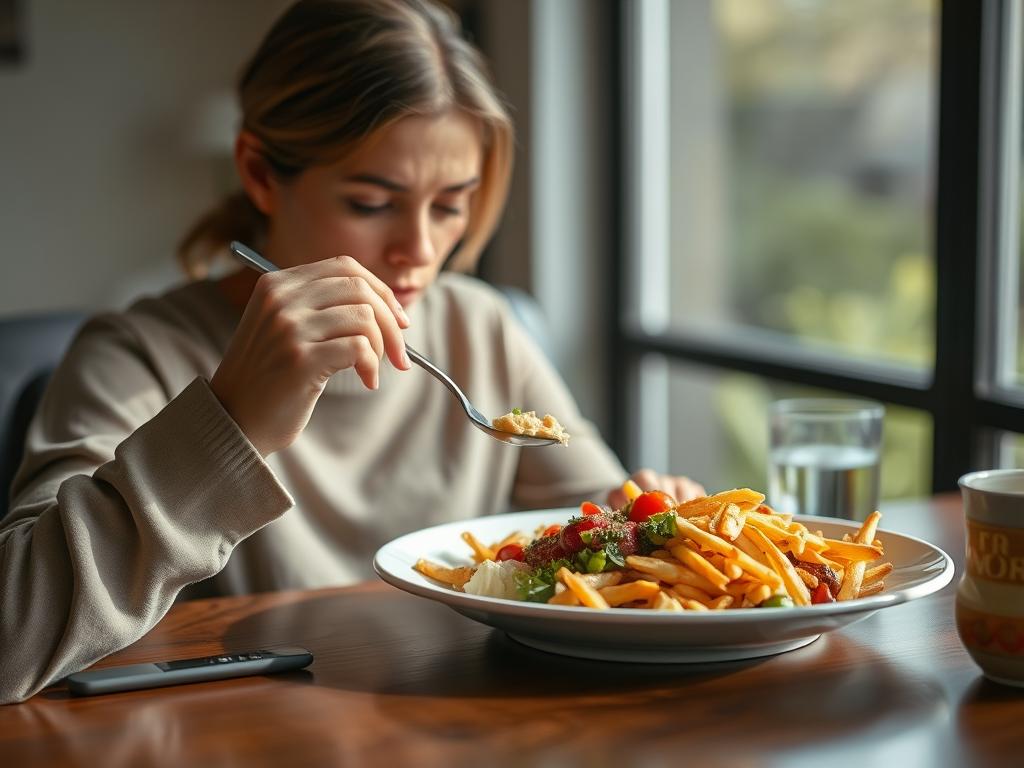 Person eating mindfully at a table, focusing on their meal to better recognize hunger and fullness cues