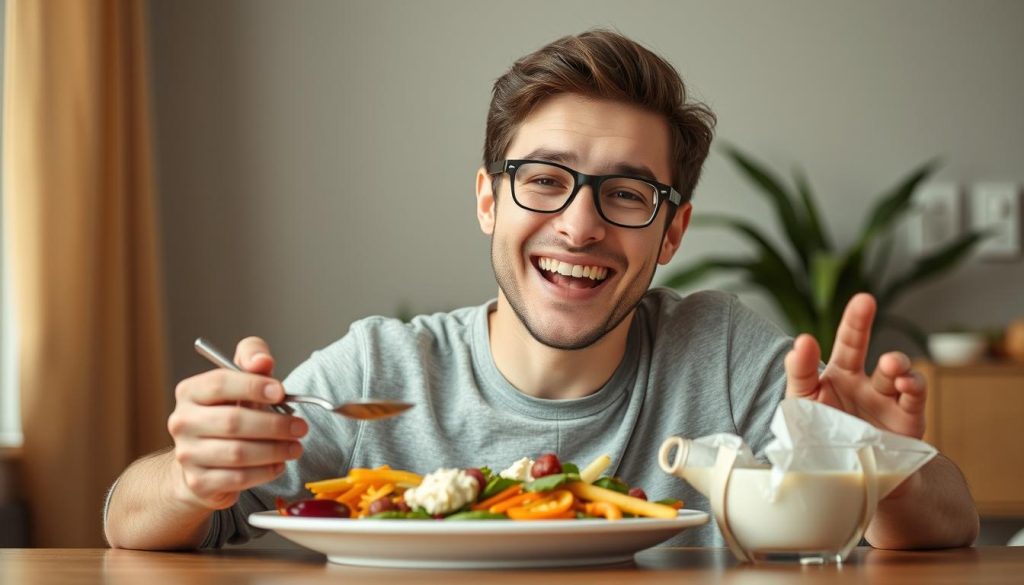Person looking happy and energetic after implementing strategies to avoid the 'hangry' feeling