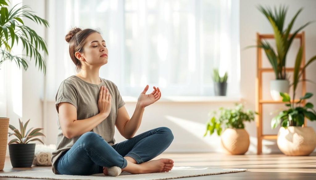 Person practicing stress-reduction techniques like deep breathing to help manage 'hangry' feelings