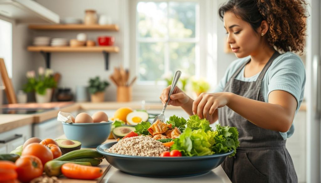 Person preparing balanced meal with protein, healthy fats and complex carbs to avoid feeling 'hangry'