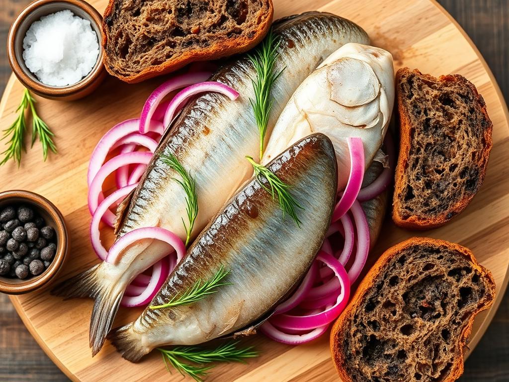 Pickled herring with onions, dill, and rye bread Pickled herring with onions, dill, and rye bread