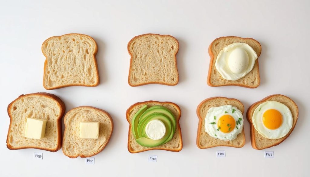 Side-by-side comparison of low-carb breads toasted with various toppings Side-by-side comparison of low-carb breads toasted with various toppings