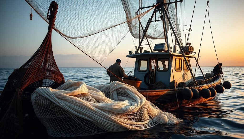 Sustainable fishing boat with nets and equipment Sustainable fishing boat with nets and equipment