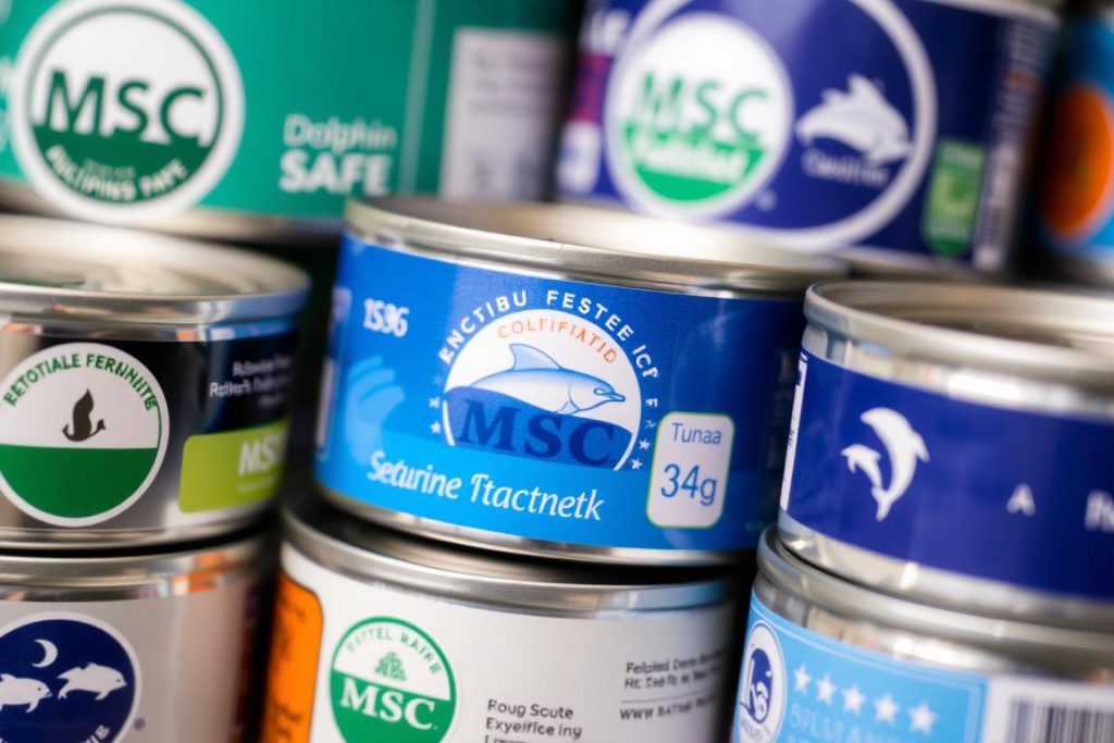 Sustainable fishing certification labels found on tuna cans Sustainable fishing certification labels found on tuna cans