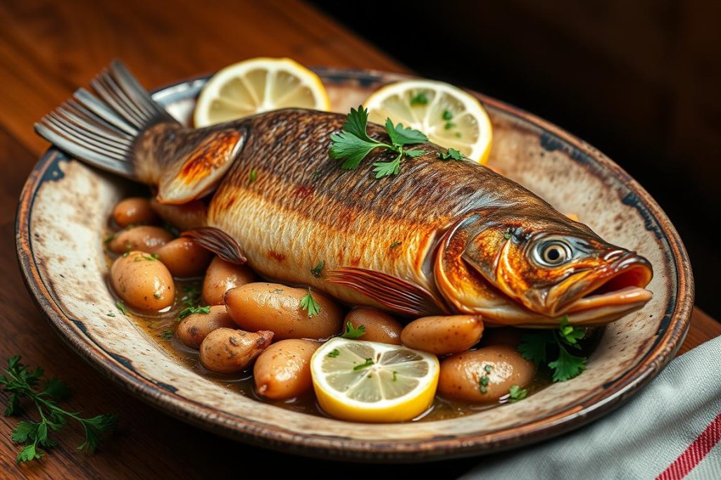 Traditional carp dish with vegetables and herbs Traditional carp dish with vegetables and herbs