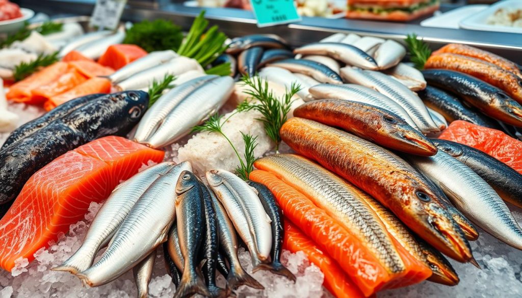 Various low-mercury seafood options arranged on ice Various low-mercury seafood options arranged on ice