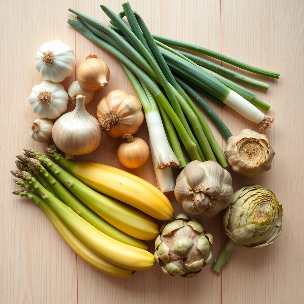 Various prebiotic foods including garlic, onions, bananas, and asparagus
