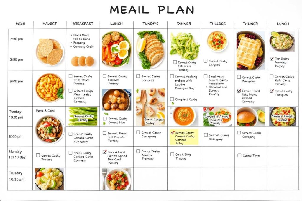 Weekly meal plan calendar with balanced meals to prevent blood sugar crashes and avoid the 'hangry' feeling