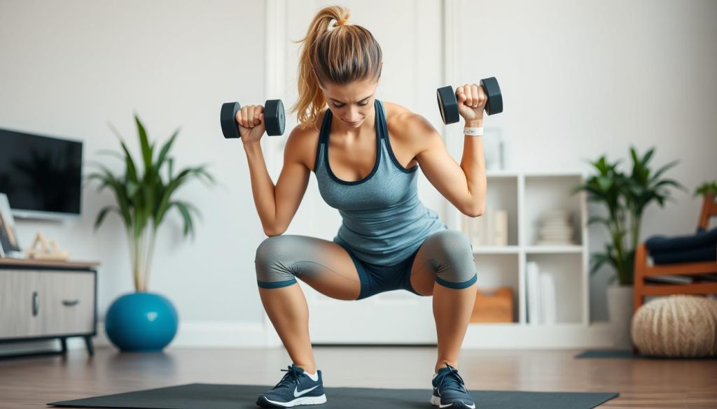 Woman demonstrating proper squat form with dumbbells as part of a strength training routine for runners Woman demonstrating proper squat form with dumbbells as part of a strength training routine for runners