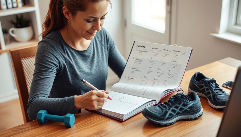 Woman planning her weekly running and strength training schedule on a calendar Woman planning her weekly running and strength training schedule on a calendar