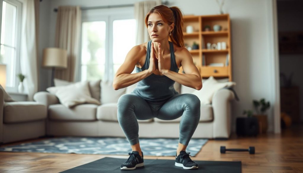 Woman starting her strength training journey with basic bodyweight exercises Woman starting her strength training journey with basic bodyweight exercises